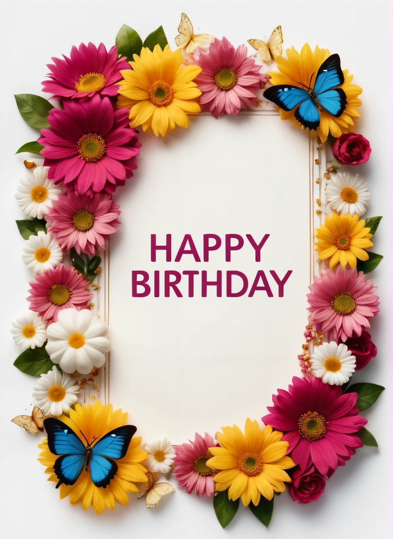 A Birthday card with a frame of flowers and butterflies around it with a butterfly on the bottom of the card and a butterfly on the bottom of the card, plain background, a pastel, naive art