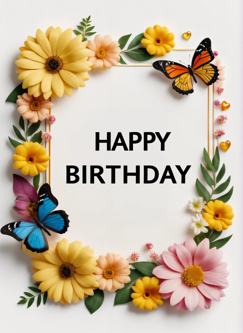 A Birthday card with a butterfly and flowers around it with the words happy Birthday written in the center of the card and a butterfly on the front of the card, plain background, a pastel, naive art