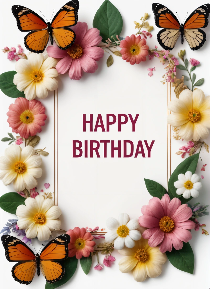 A Birthday card with butterflies and flowers around it with a white background and a red happy Birthday message in the center of the card is a, plain background, a pastel, folk art
