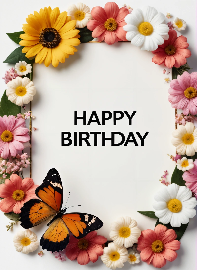 A picture of a Birthday card with a butterfly and flowers around it with the words happy Birthday written in the middle of the card and a butterfly, plain background, a pastel, international typographic style