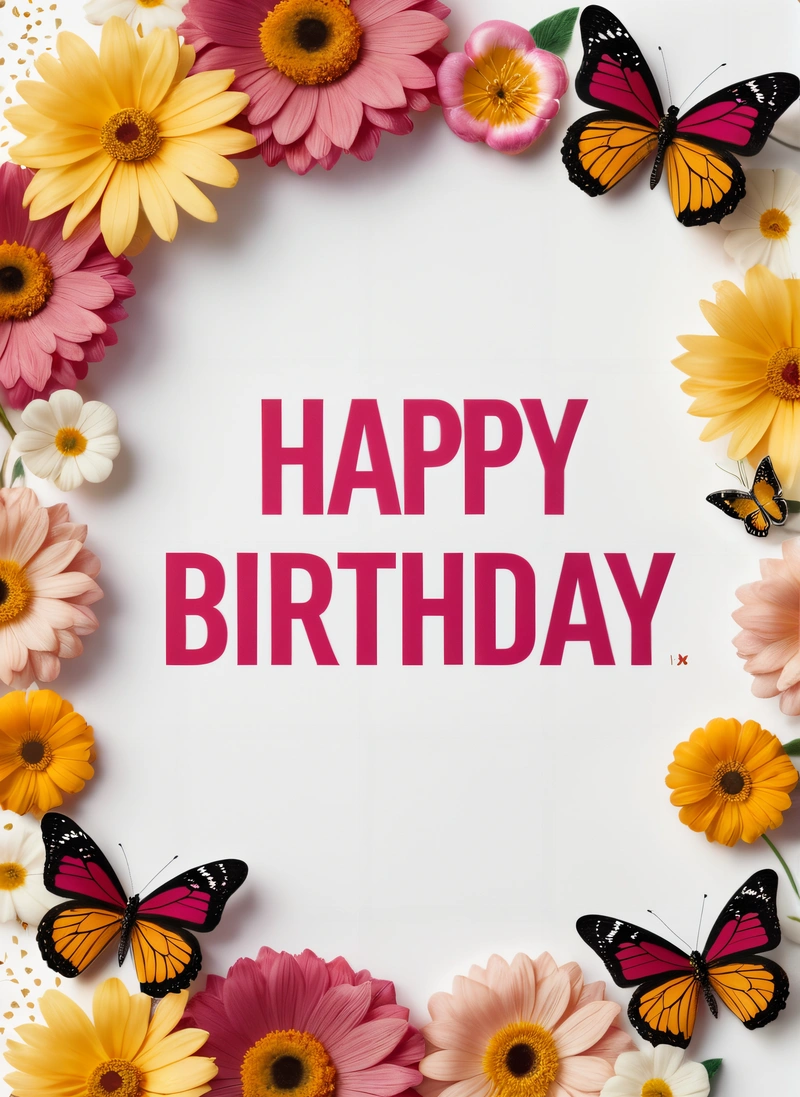 A Birthday card with a bunch of flowers and butterflies around it with the words happy Birthday written in the middle of the card and a pink and yellow butterfly, plain background, a pastel, american barbizon school