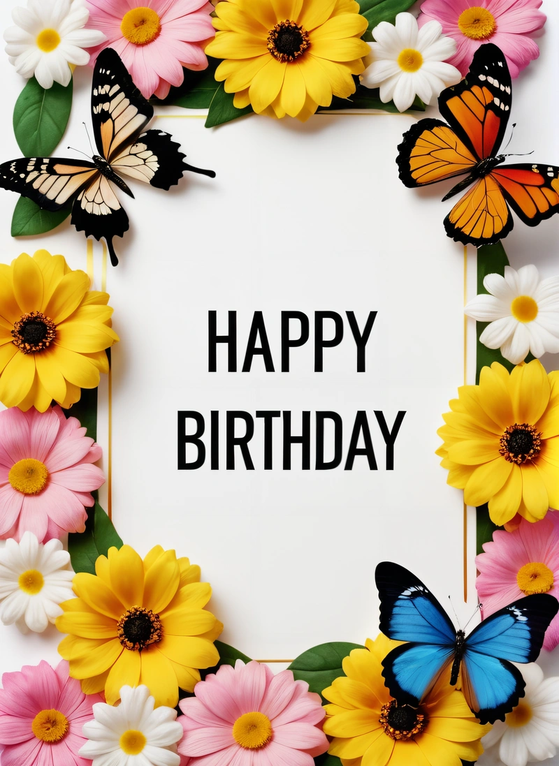 A Birthday card with butterflies and flowers around it with a white background with a black text that reads happy Birthday on it and a white background with, plain background, a pastel, international typographic style
