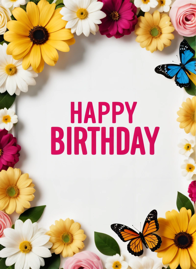 A Birthday card with flowers and butterflies around it with a butterfly on the card and a pink happy Birthday message in the middle of the card, plain background, a pastel, international typographic style