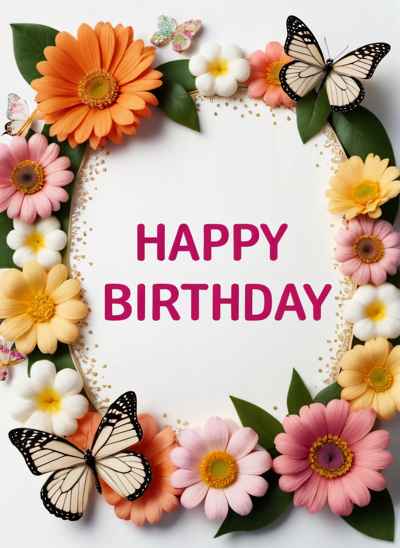 A Birthday card with flowers and butterflies around it with the words happy Birthday written in the center of the card and a butterfly on the front, plain background, a pastel, naive art