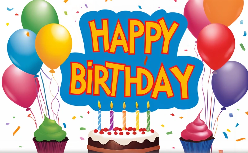 A Birthday cake with candles and balloons on it with a happy Birthday message above it that says happy Birthday with a lot of balloons and confetti, plain background, a pastel, international typographic style