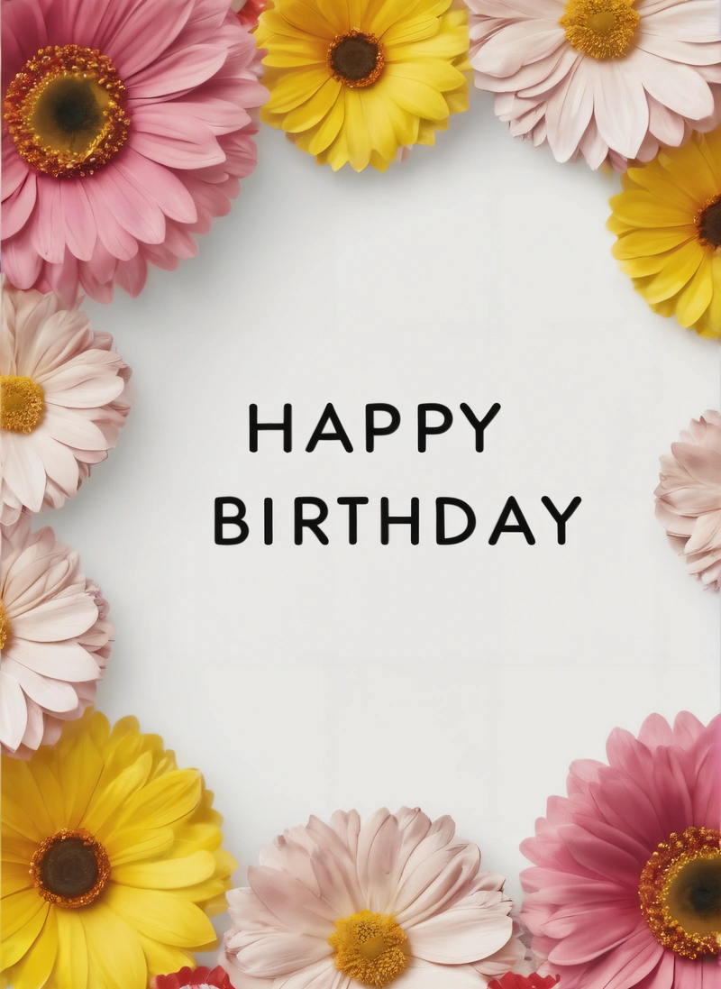 A Birthday card with daisies and daisies around it with the words happy Birthday written in black on a white background with a white square, plain background, a pastel, international typographic style