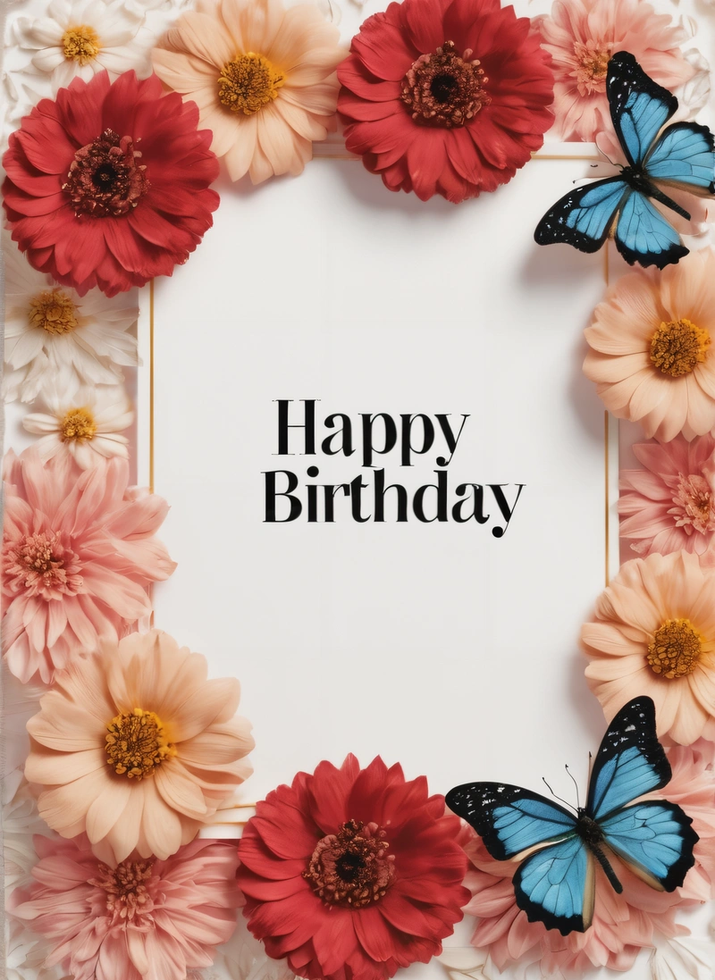 A Birthday card with a butterfly and flowers around it with the words happy Birthday written in the center of the card and a butterfly on the card, plain background, a pastel, international typographic style