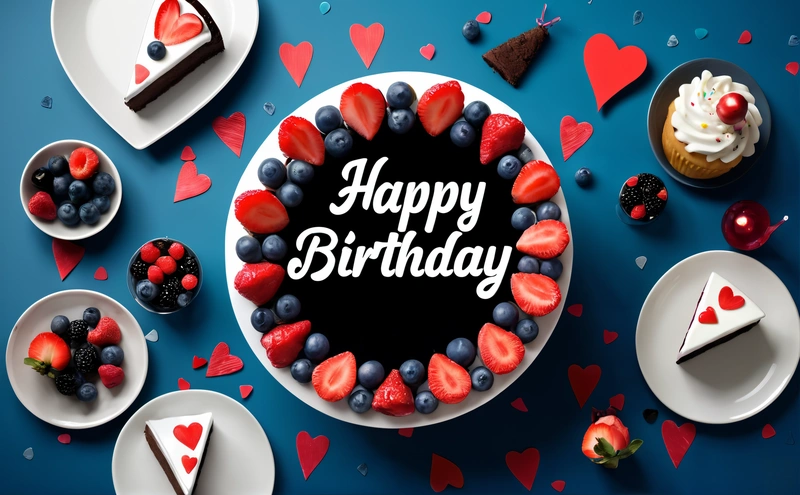 A Birthday cake with berries and chocolate on a table with other desserts and a cupcake on a plate with the words happy Birthday written on it, plain background, a pastel, international typographic style