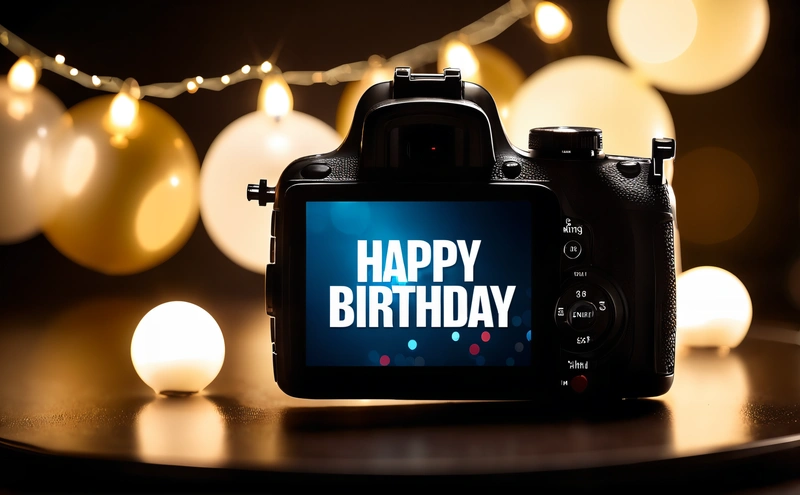 A camera with a happy Birthday message on it's screen next to a string of lights and a string of lights behind it,, full frame, a stock photo, art photography