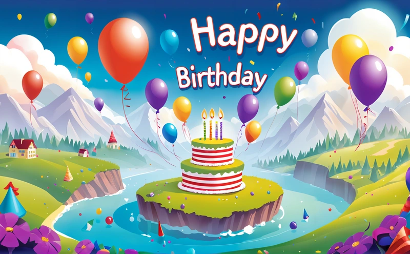 A Birthday card with a cake and balloons in the sky and a mountain background with a stream of water and a lot of balloons in the sky, plain background, a pastel, naive art