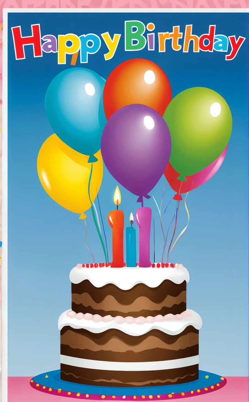 A Birthday card with a cake and balloons on it with a blue sky background and a pink border with a pink border and a blue border with a pink border with a pink border and, happy, a pastel, net art