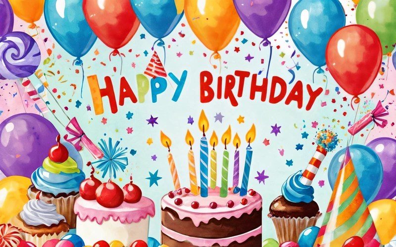 A Birthday card with a cake and balloons and a lot of balloons and confetti on it with the words happy Birthday written on it, plain background, a pastel, naive art