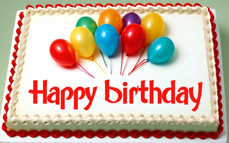 A Birthday cake with balloons on it that says happy Birthday on it's side and a red and white border around the edges of the cake, plain background, a pastel, international typographic style