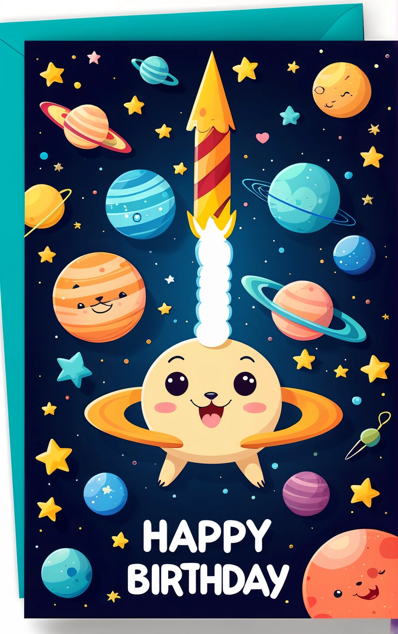 A card with a cartoon character flying through the sky with a rocket in the middle of it and planets around it, and a happy Birthday message, space, a storybook illustration, space art