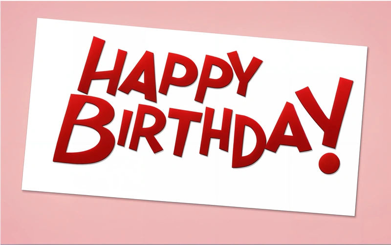 A happy Birthday card with the words happy Birthday on it and a red balloon in the middle of the card, on a pink background, plain background, a pastel, international typographic style