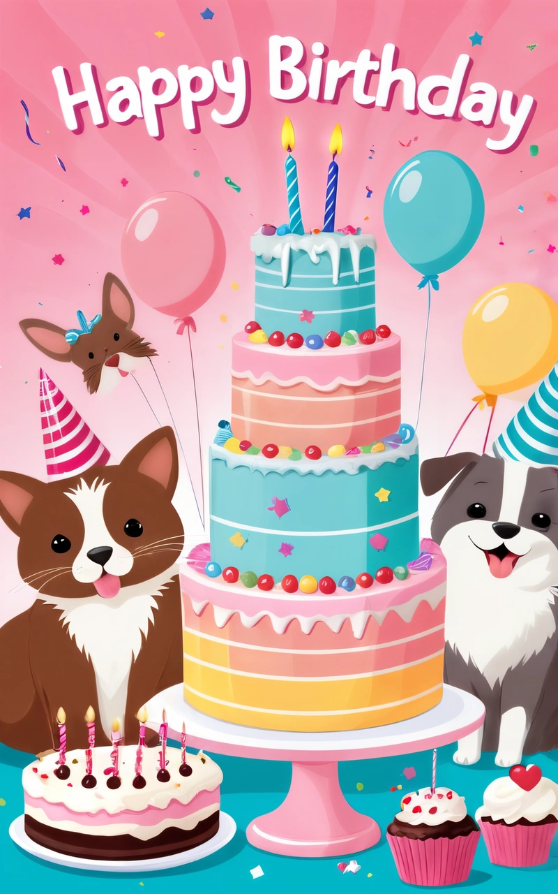 A Birthday card with two dogs and a cake with candles and balloons on it, and a cat and dog on the cake with balloons, highly detailed digital art, a pastel, naive art