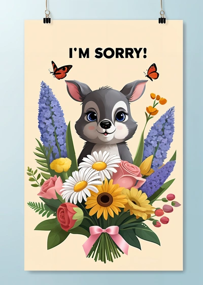 A poster with a little animal surrounded by flowers and butterflies that says i'm sorry on it's front and back corner of the poster is a blue wall, trending on furaffinity, a digital rendering, furry art