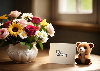 A teddy bear sitting next to a vase of flowers and a card that says i'm sorry on it, with a card in front of flowers, short, a 3d render, verdadism