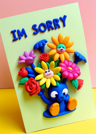 A card with a picture of a blue cat holding flowers and the words i'm sorry on it, on a yellow background with a pink and yellow border, c4d, a 3d render, New sculpture