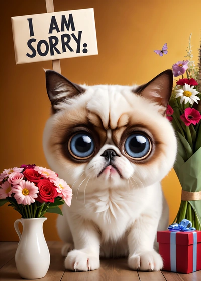 A cat with big blue eyes sitting next to a vase of flowers and a sign that says i am sorry on it's post, cute and funny, a screenshot, tachisme