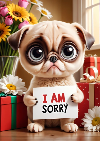 A small dog holding a sign that says i am sorry with flowers in the background and a vase of flowers behind it with a gift box, cute and funny, a screenshot, verdadism