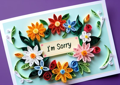 A card with a bunch of flowers on it that says i'm sorry on it, with a note attached to it, on a purple background, behance hd, a 3d render, folk art