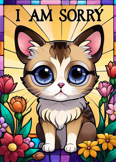 A cat sitting in front of a stained glass window with flowers and a message i am sorry on it that says i am sorry on the front, cute and funny, a character portrait, gothic art