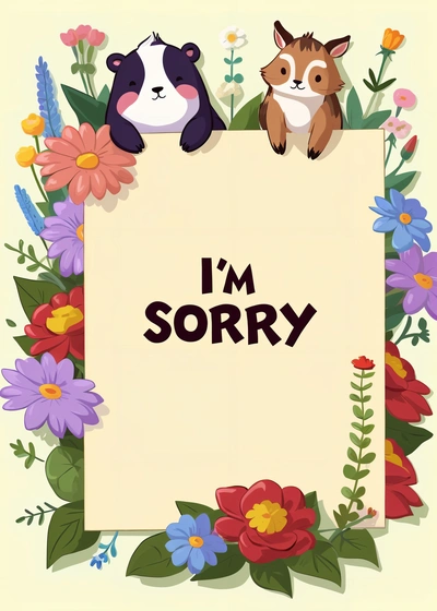 A picture of a sign with two animals on it and the words i'm sorry written on it in a frame of flowers and leaves, furaffinity, a screenshot, furry art