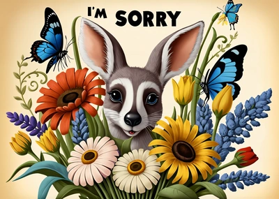 A picture of a small animal surrounded by flowers and butterflies with the words i'm sorry written on the picture above it, and a butterfly and a butterfly, furaffinity, a digital rendering, folk art