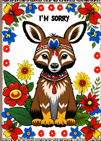 A picture of a racoon with a flower border around it's neck and the words i'm sorry written on it, furaffinity, a storybook illustration, folk art