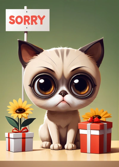 A cat with big eyes sitting next to a sign that says sorry on it and a gift box with a sunflower in front of it, sunny, a digital painting, pop surrealism