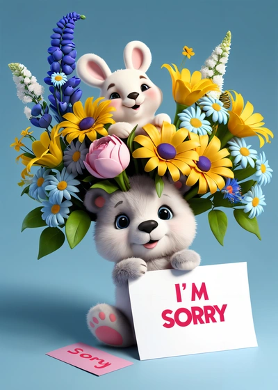 A bunny holding a sign with flowers on it and a bunny holding a sign with flowers on it, with a blue background, says i'm sorry, behance hd, a digital rendering, furry art