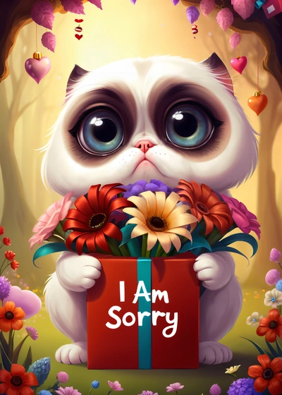 A cat holding a box with flowers in it and a message i am sorry on it that says i am sorry on the front of the box, cute and funny, a screenshot, gothic art