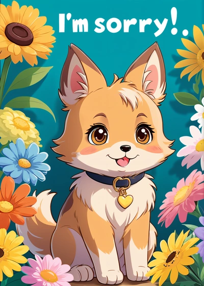 A cartoon dog sitting in a field of flowers with a message i'm sorry on it's chest that says, i'm sorry, character portrait, a character portrait, furry art