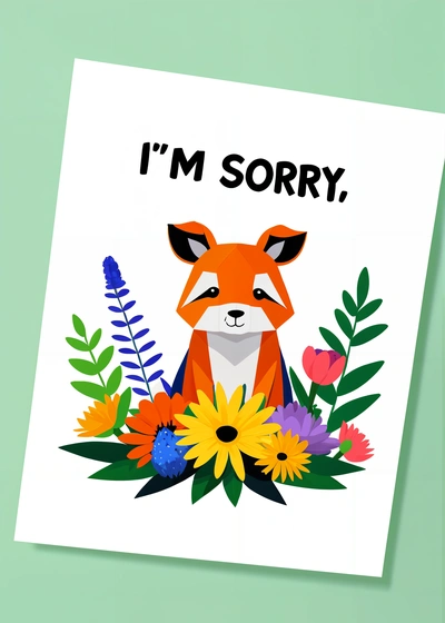 A card with a fox and flowers on it that says i'm sorry, on a green background with a white border and a black border, furaffinity, vector art, furry art