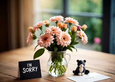 A vase of flowers and a small bear on a table with a note and a card on it that says i'm sorry, i'm sorry, promotional image, a 3d render, verdadism