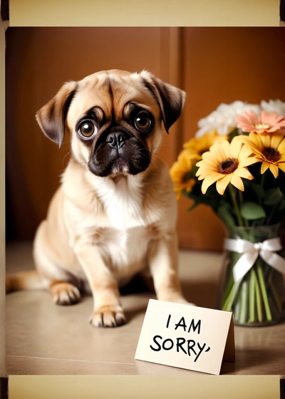 A small dog sitting next to a vase of flowers and a sign that says i am sorry on it's side, with a vase of flowers in the background, cute and funny, a digital rendering, art photography