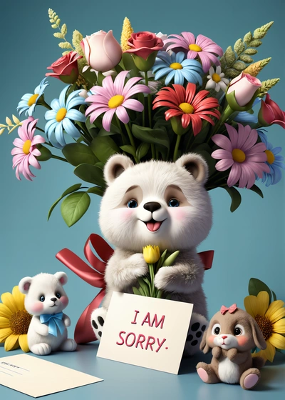 A teddy bear holding a bouquet of flowers with a sign that says i am sorry next to it is a teddy bear and a teddy bear, behance hd, a digital rendering, net art