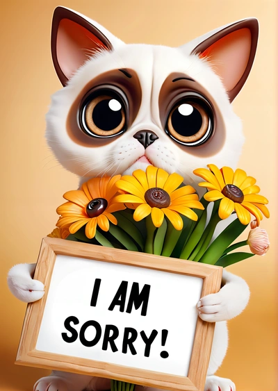 A cat holding a sign with flowers in it's paws and a sign that says i am sorry on it's front paws, cute and funny, a screenshot, verdadism