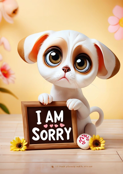 A cute little dog holding a sign that says i am sorry on it with flowers around it and a yellow background behind it that says i am sorry, cute and funny, a screenshot, verdadism