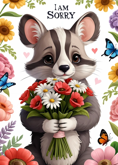 A raccoon holding a bouquet of flowers and butterflies with a message i am sorry on the back of it that says i am sorry, flowers, a digital painting, furry art