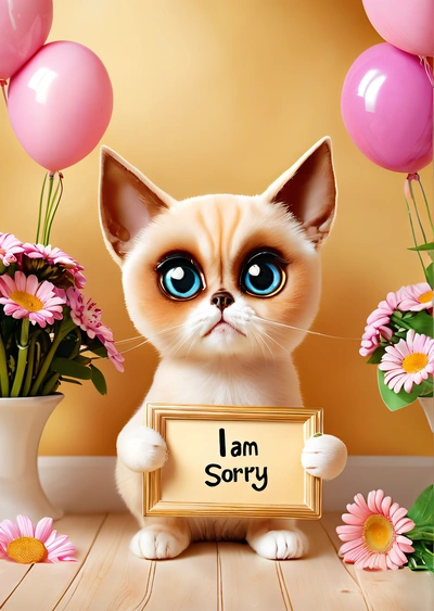 A cat holding a sign that says i am sorry with balloons and flowers in the background and a vase with pink flowers in the foreground, cute and funny, a screenshot, gothic art