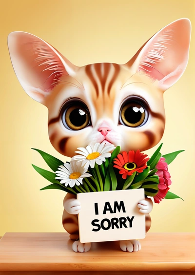 A cat holding a sign with a bunch of flowers in it's paws and a sign that says i am sorry on it's front, cute and funny, a screenshot, furry art