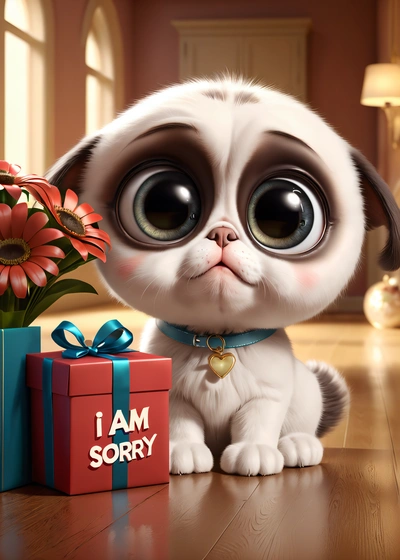 A cat with big eyes sitting next to a gift box with a flower in it and a card that says i am sorry on it, cute and funny, a screenshot, sots art