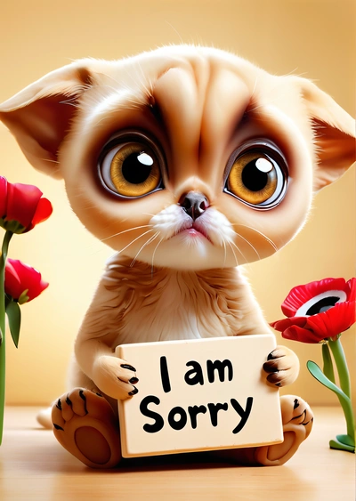 A small kitten holding a sign that says i am sorry on it's chest and sitting on a table with red flowers in the background, cute and funny, a screenshot, sots art