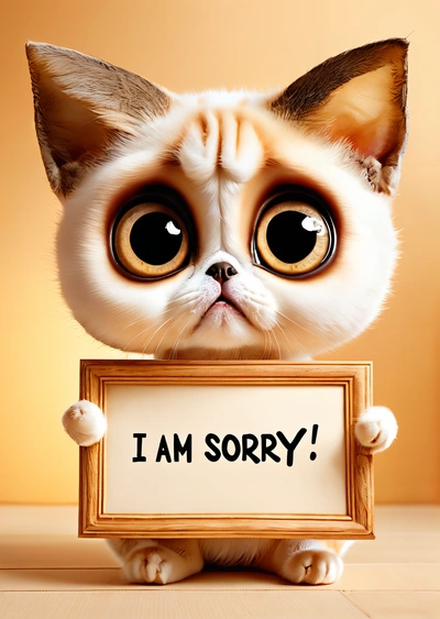 A cat holding a sign with the words i am sorry on it's face and eyes, with a yellow background and a light brown background, cute and funny, a screenshot, furry art