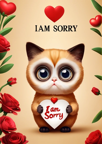 A cat holding a heart with the words i am sorry on it and roses around it, with a red rose border and a heart in the center, cute and funny, a digital rendering, sots art