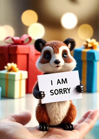 A small toy animal holding a sign that says i am sorry in front of a pile of presents and a hand holding a small gift, furaffinity, a 3d render, verdadism