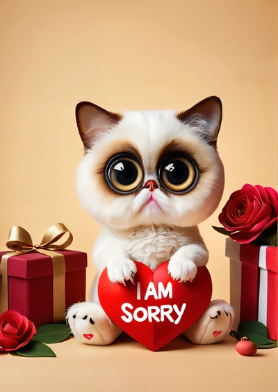 A cat with big eyes holding a heart with the words i am sorry on it and surrounded by small boxes and roses, with a rose and a gift box, cute and funny, a screenshot, gothic art