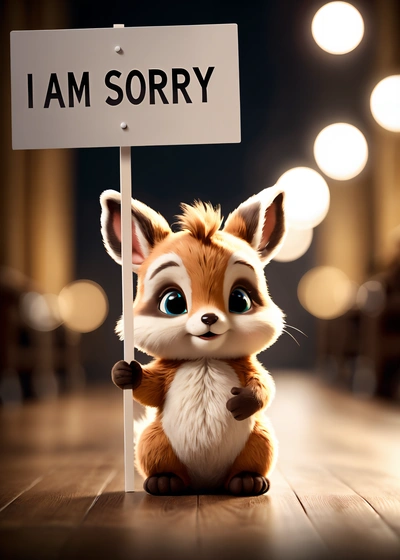 A small fox holding a sign that says i am sorry on it's side in front of a dark background with lights and boun, unreal engine 5 quality render, a 3d render, furry art